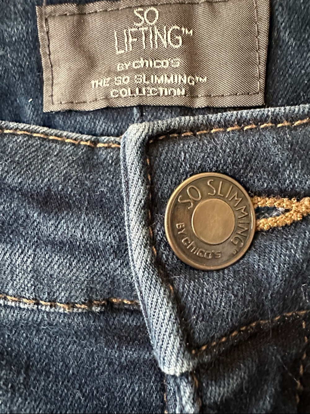 Chico's Dark Blue Denim Jeans with Tan Stitching